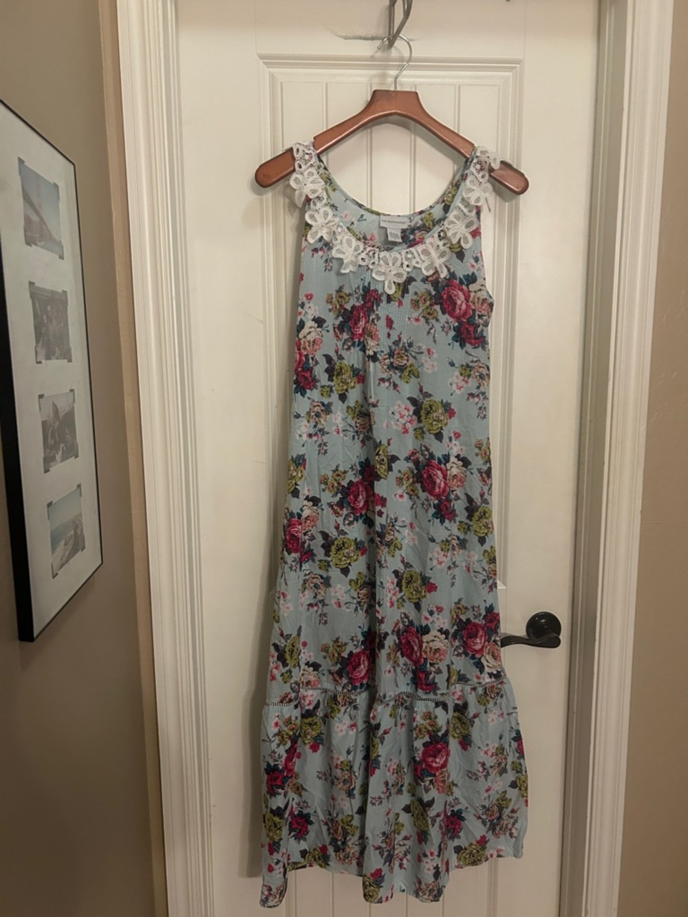 Soft Surroundings M Light Blue Floral Dress with White Lace Yoke
